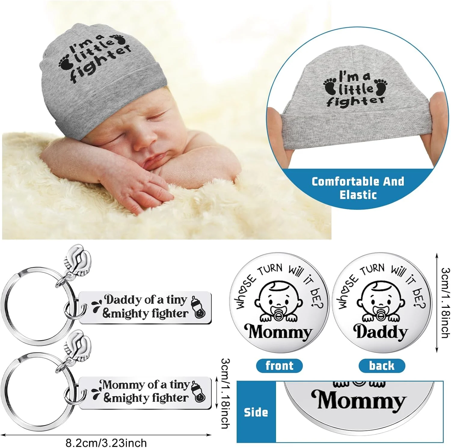 ست هدیه لباس نوزاد نارس NICU تولیت شامل بادی نوزاد نارس، جوراب نوزاد نارس، کلاه با سکه جاکلیدی برای جشن نوزاد نارس