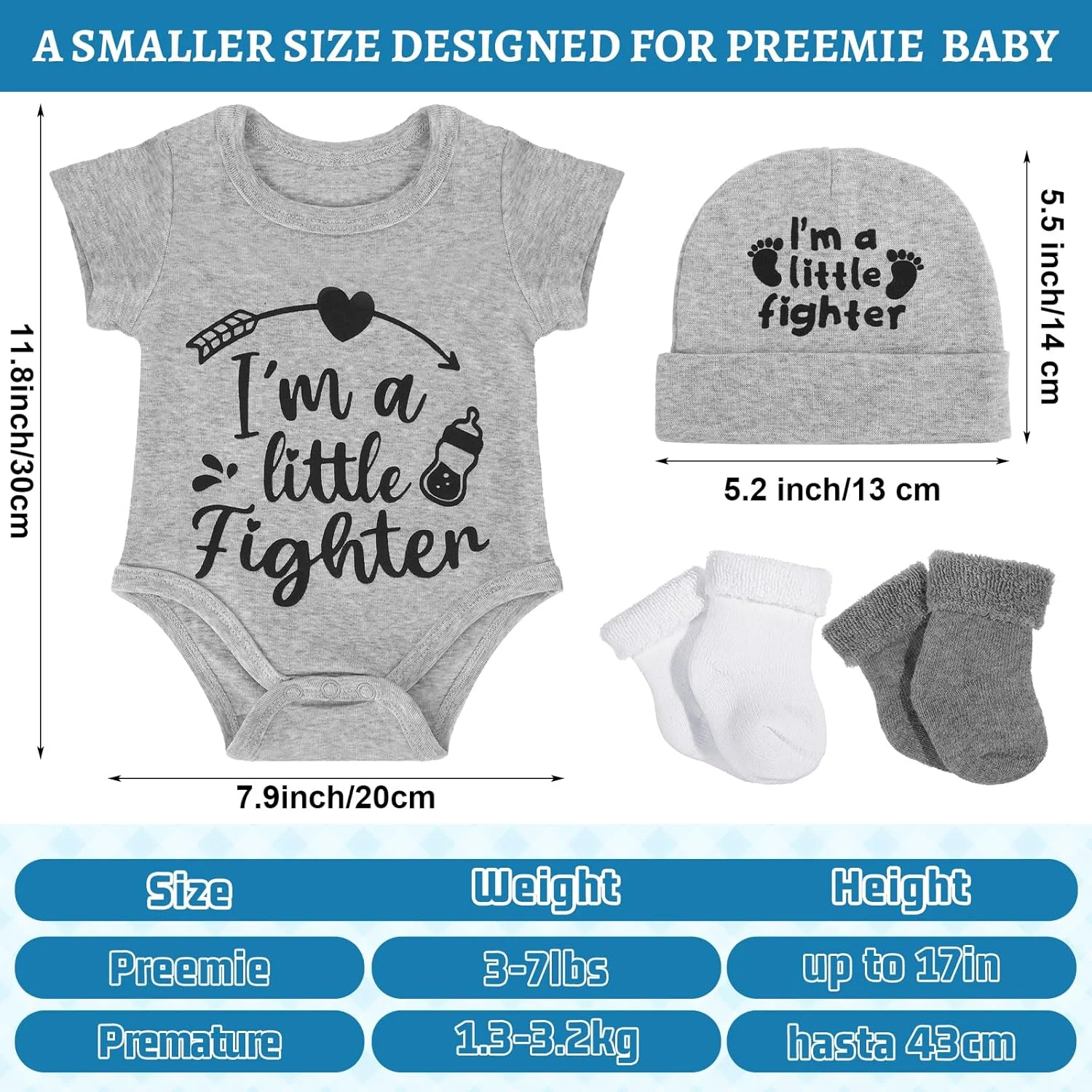 ست هدیه لباس نوزاد نارس NICU تولیت شامل بادی نوزاد نارس، جوراب نوزاد نارس، کلاه با سکه جاکلیدی برای جشن نوزاد نارس