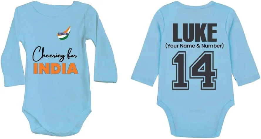 رامپر نوزادی شخصیسازی شده برای نوزادان پسر و دختر - طرح تشویق برای هند - نام و شماره قابل تنظیم - بادی آستین بلند نرم پنبهای - مناسب برای طرفداران کوچک کریکت رامپر نوزادی شخصیسازی شده برای نوزادان پسر و دختر - طرح تشویق برای هند - نام و شماره قابل تنظیم - بادی آستین بلند نرم پنبهای - مناسب برای طرفداران کوچک کریکت