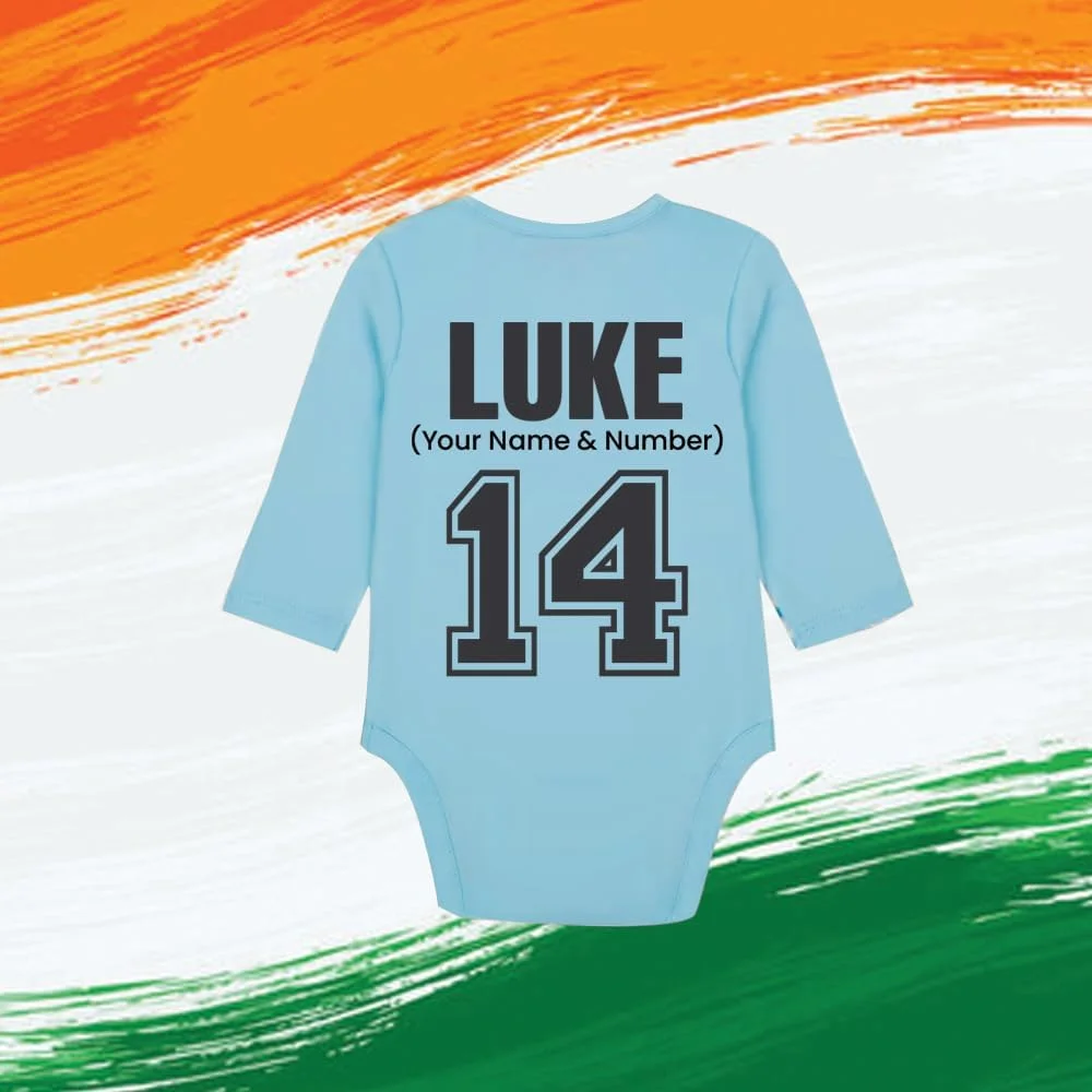 رامپر نوزادی شخصیسازی شده برای نوزادان پسر و دختر - طرح تشویق برای هند - نام و شماره قابل تنظیم - بادی آستین بلند نرم پنبهای - مناسب برای طرفداران کوچک کریکت رامپر نوزادی شخصیسازی شده برای نوزادان پسر و دختر - طرح تشویق برای هند - نام و شماره قابل تنظیم - بادی آستین بلند نرم پنبهای - مناسب برای طرفداران کوچک کریکت