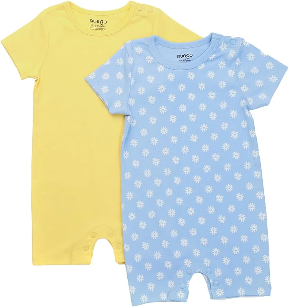 رامپرهای نخی خالص Nuego برای نوزادان دختر، بادی آستین کوتاه نرم برای نوزاد تازه متولد شده، لباس خواب چاپی گلدار زیبا، ست رامپر بادی برای نوزاد 0-24 ماه - ست 2 عددی