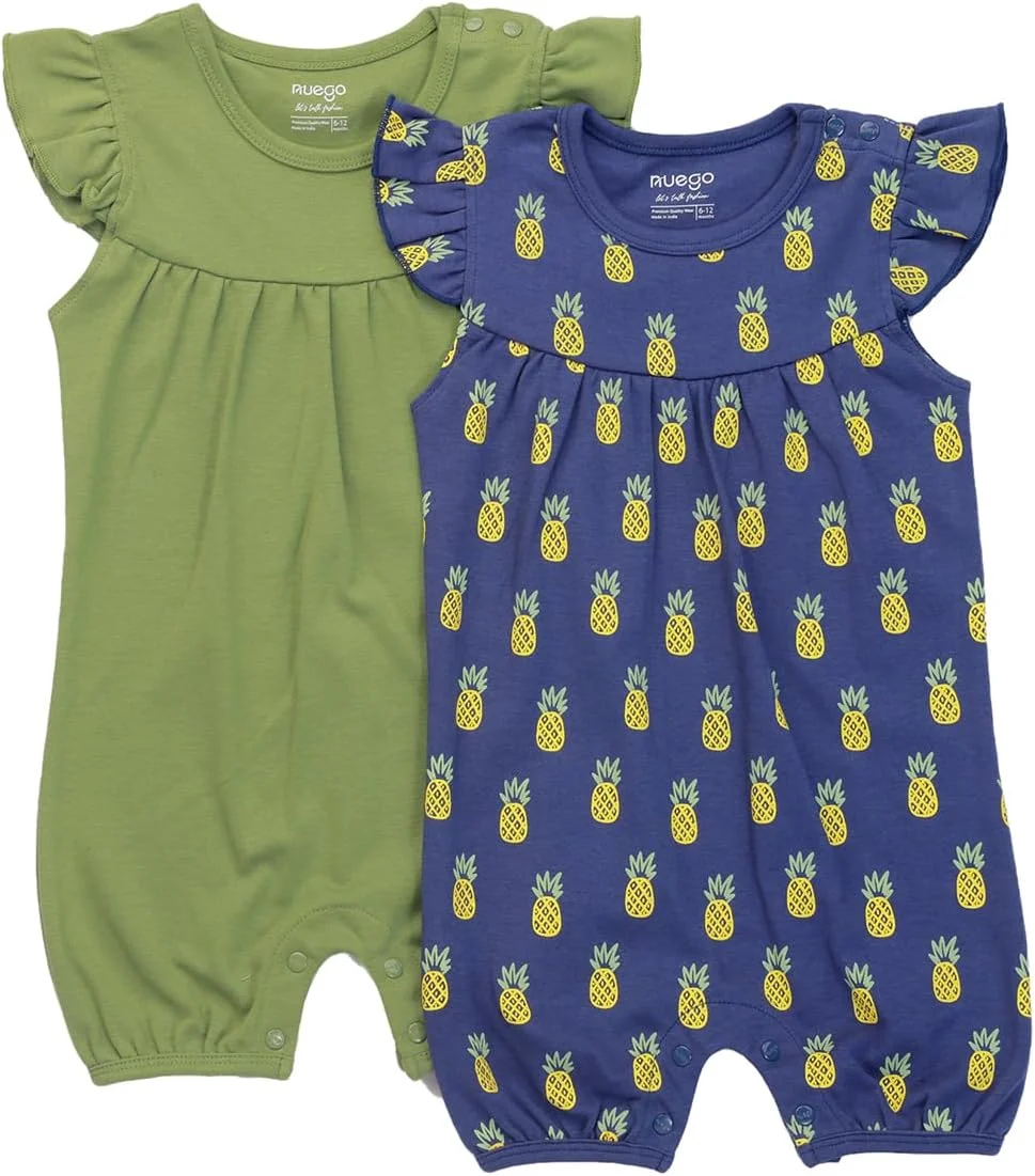 رامپرهای نخی خالص Nuego برای نوزادان دختر، لباس خواب آستین کوتاه نرم برای نوزاد تازه متولد شده با طرح میوه های زیبا، ست رامپر بادی برای نوزاد 0-24 ماه - ست 2 عددی