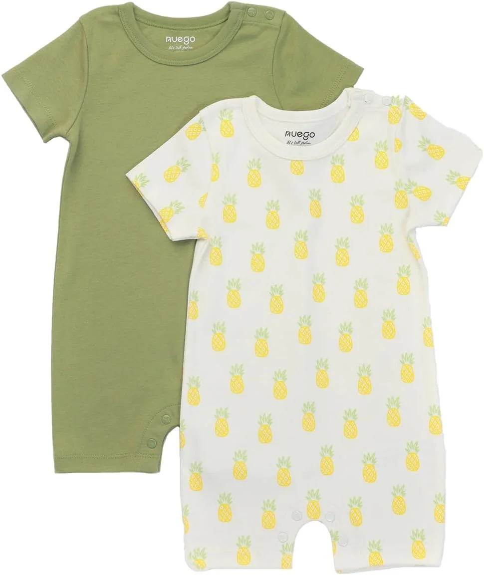 رامپرهای نخی خالص Nuego برای نوزادان دختر، بادی آستین کوتاه نرم برای نوزاد تازه متولد شده، لباس خواب چاپی میوه ای زیبا، ست رامپر بادی مناسب برای نوزادان 0-24 ماه - ست 2 عددی