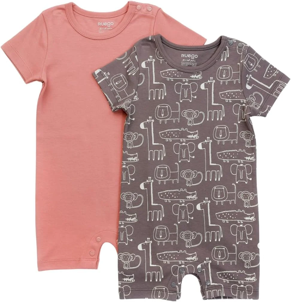 رامپرهای نخی خالص Nuego برای نوزادان پسر، لباس خواب آستین کوتاه نرم برای نوزاد، لباس خواب چاپی حیوانات بامزه، ست رامپر بادی برای نوزاد 0-24 ماه - ست 2 عددی