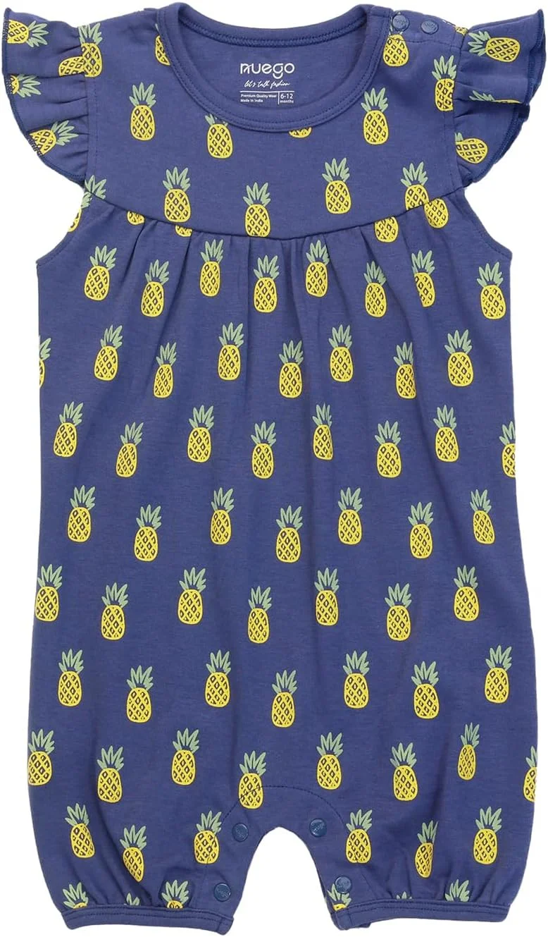 رامپرهای نخی خالص Nuego برای نوزادان دختر، لباس خواب آستین کوتاه نرم برای نوزاد تازه متولد شده با طرح میوه های زیبا، ست رامپر بادی برای نوزاد 0-24 ماه - ست 2 عددی