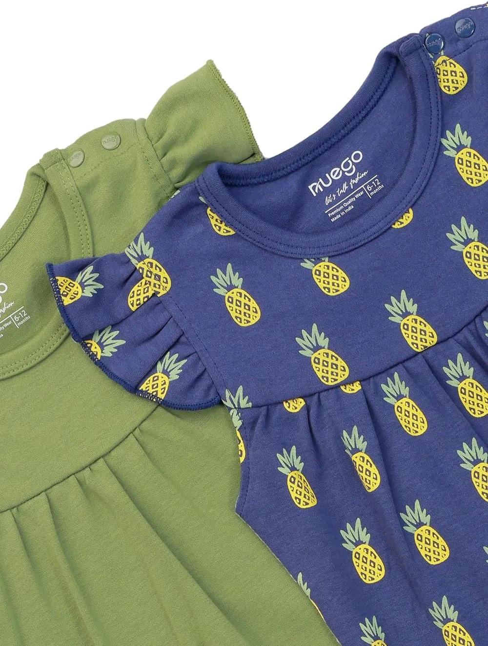 رامپرهای نخی خالص Nuego برای نوزادان دختر، لباس خواب آستین کوتاه نرم برای نوزاد تازه متولد شده با طرح میوه های زیبا، ست رامپر بادی برای نوزاد 0-24 ماه - ست 2 عددی