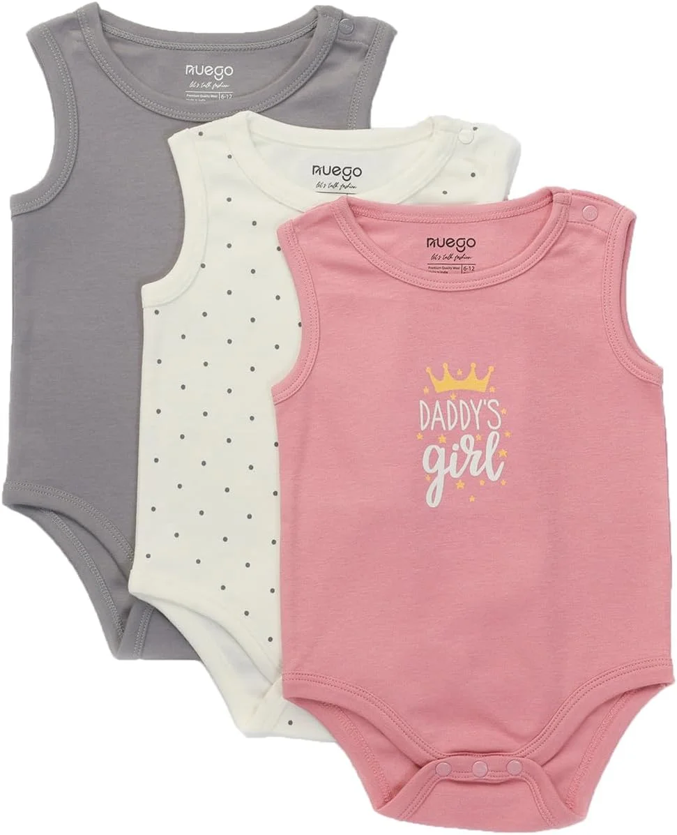 ست 3 عددی بادی نخی خالص Nuego برای نوزاد دختر، رامپرهای نرم و بدون آستین، لباس خواب خالدار، ست رامپر بادی مناسب نوزاد 0-24 ماه