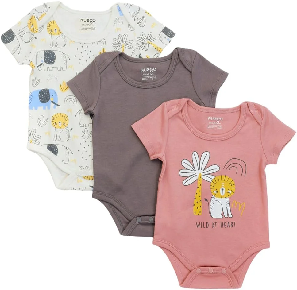 ست 3 عددی بادی نخی خالص نوزادی پسرانه Nuego، آستین کوتاه، نرم، لباس خواب طرح حیوانات بامزه، ست رامپر لباس بادی مناسب نوزاد 0-24 ماه