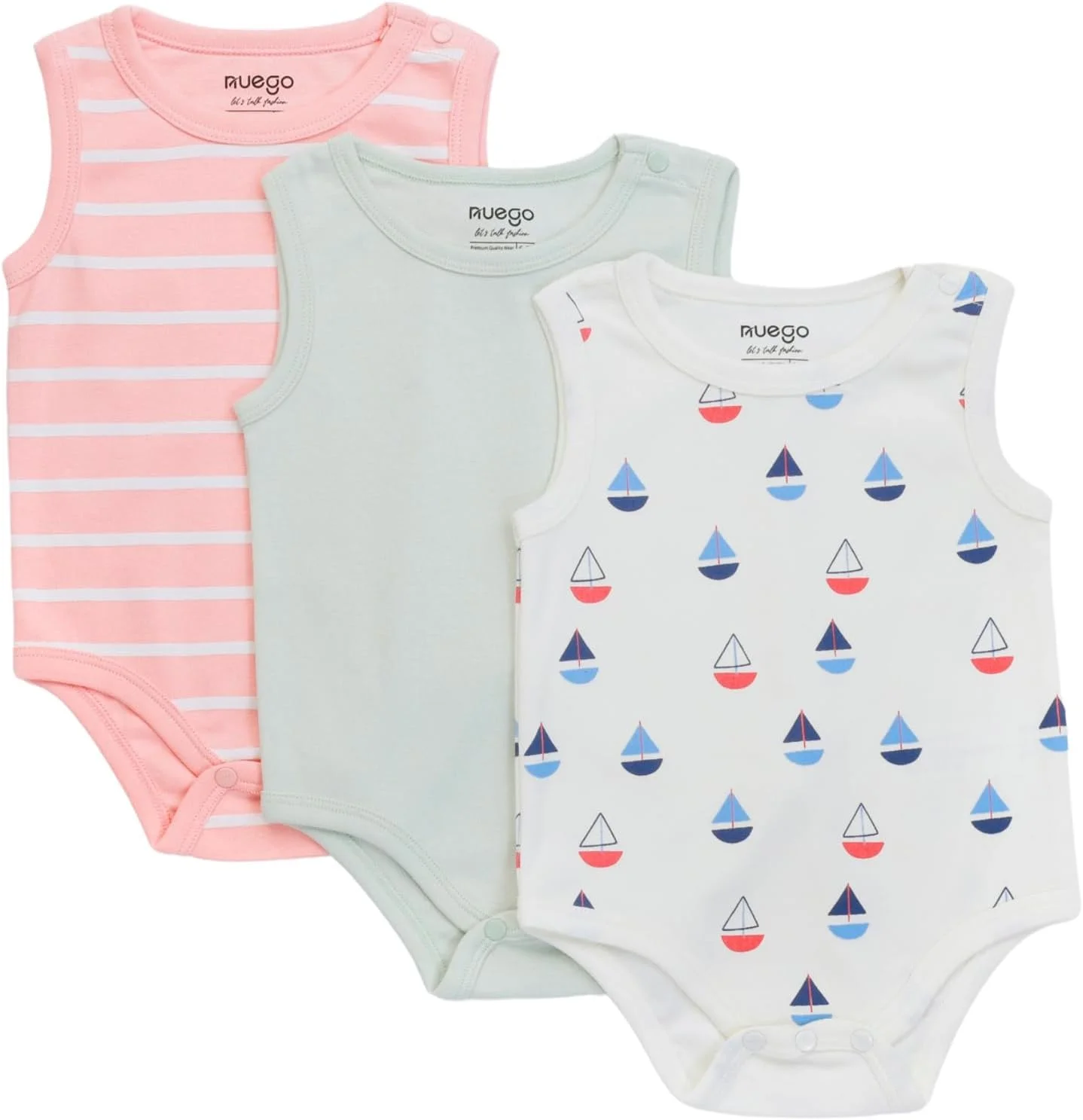 ست 3 عددی بادی نخی خالص نوزادی پسرانه Nuego، رامپرهای نرم و بدون آستین، لباس خواب چاپی راه راه زیبا، ست رامپر بادی مناسب نوزاد 0-24 ماه