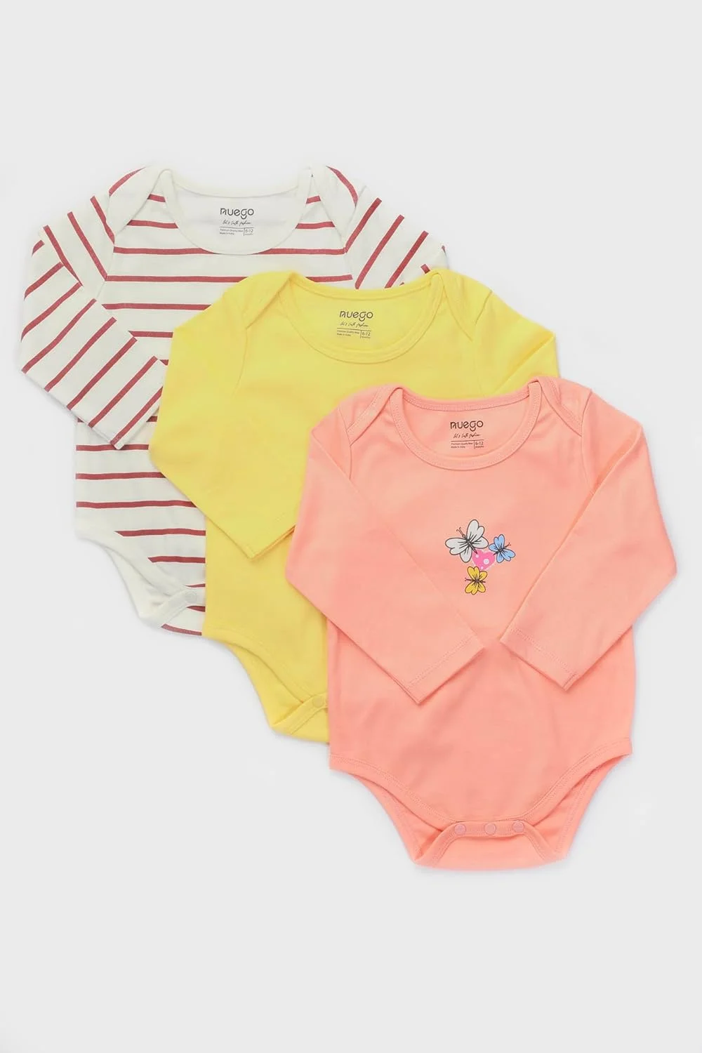 بادی نخی خالص Nuego برای نوزادان دختر آستین بلند، رامپرهای نرم نوزادی، لباس خواب چاپی راه راه زیبا، ست رامپر لباس بادی برای نوزاد 0-24 ماه - ست 3 عددی