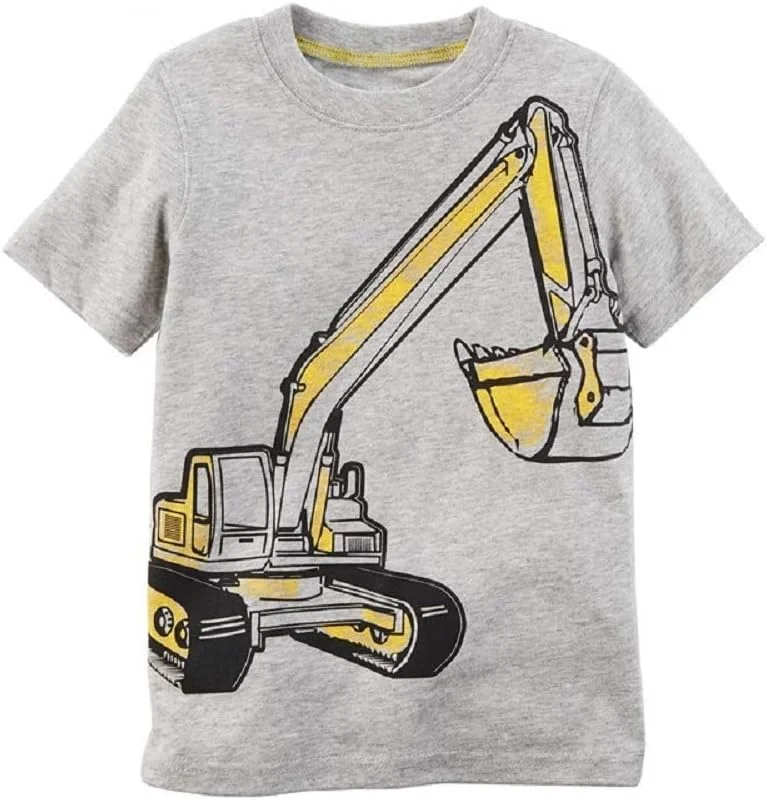 تی شرت پسرانه Hooyi طرح بیل مکانیکی زرد، آستین کوتاه، بلوز نخی 100%، خاکستری، 18 ماه