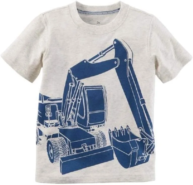 تی شرت پسرانه Hooyi طرح بیل مکانیکی آبی، آستین کوتاه، مناسب کودکان، بلوز نخی 100%، خاکستری، 18 ماه