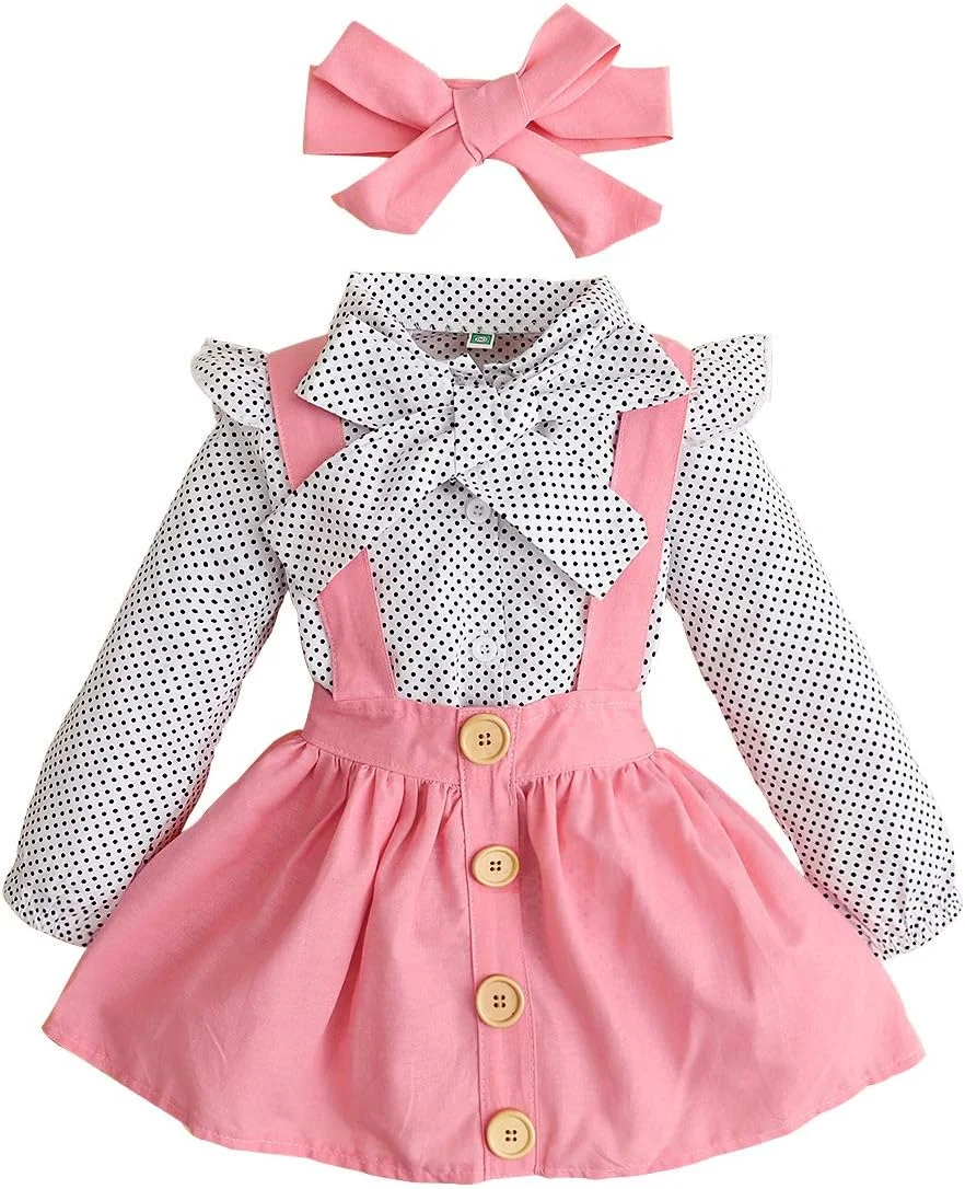 ست لباس دخترانه نوپا 1-4 سال شامل پیراهن آستین بلند، دامن پیشبندی و هدبند، لباس فرم مدرسه