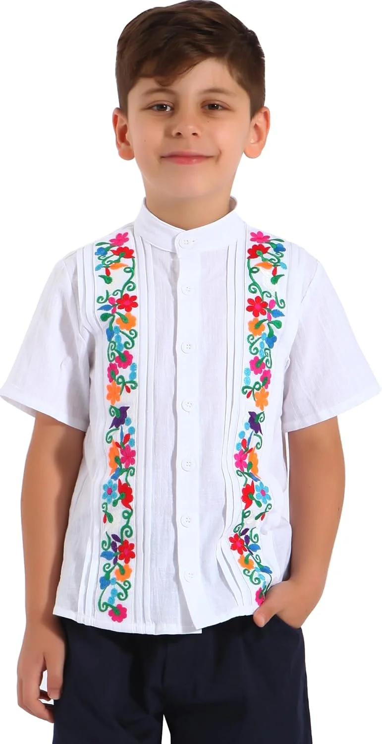 پیراهن پسرانه مکزیکی YZXDORWJ، پیراهن گوایابرا، تاپ آستین کوتاه کوبایی بچگانه، بلوز گلدوزی شده سنتی، لباس غیر رسمی کودک نوپا