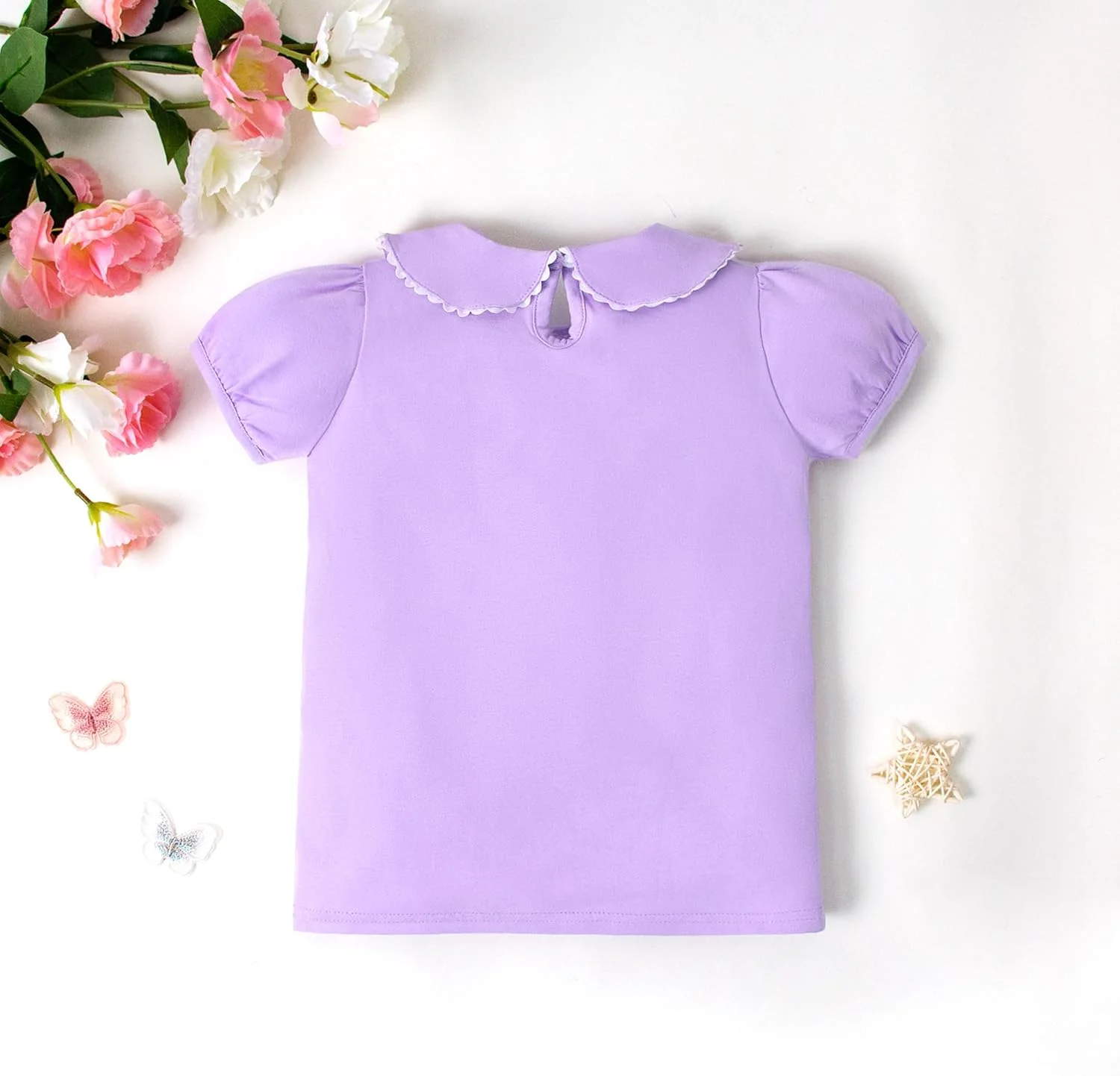 بلوز دخترانه بچه گانه با یقه چین دار، تی شرت های رنگ ثابت دخترانه، تاپ های غیر رسمی