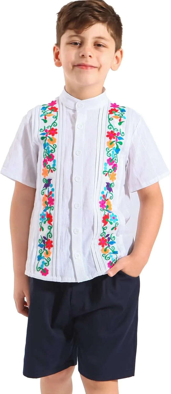 پیراهن پسرانه مکزیکی YZXDORWJ، پیراهن گوایابرا، تاپ آستین کوتاه کوبایی بچگانه، بلوز گلدوزی شده سنتی، لباس غیر رسمی کودک نوپا
