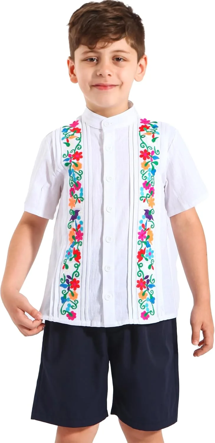 پیراهن پسرانه مکزیکی YZXDORWJ، پیراهن گوایابرا، تاپ آستین کوتاه کوبایی بچگانه، بلوز گلدوزی شده سنتی، لباس غیر رسمی کودک نوپا