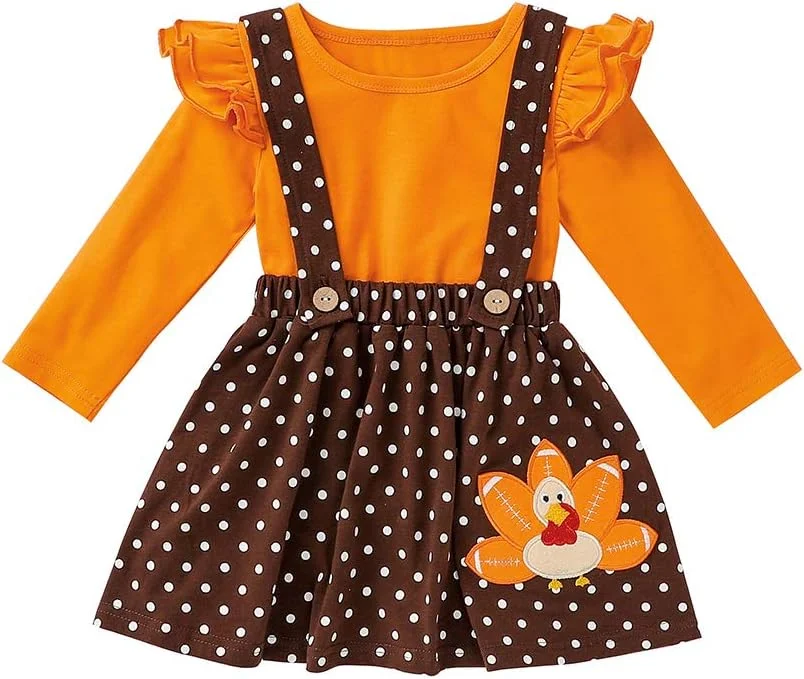 ست لباس روز شکرگزاری دخترانه USKIDKK، بلوز آستین چین‌دار + دامن پیش‌بندی طرح بوقلمون برای دختران نوپا