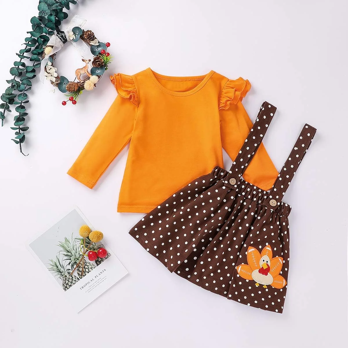 ست لباس روز شکرگزاری دخترانه USKIDKK، بلوز آستین چیندار + دامن پیشبندی طرح بوقلمون برای دختران نوپا ست لباس روز شکرگزاری دخترانه USKIDKK، بلوز آستین چیندار + دامن پیشبندی طرح بوقلمون برای دختران نوپا