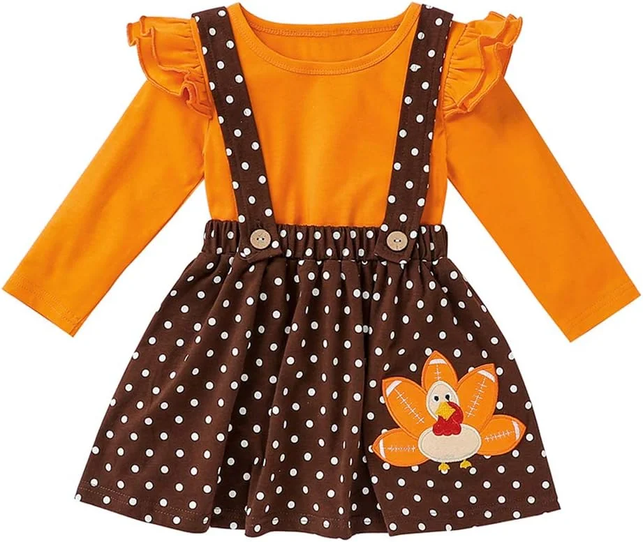 XFGLCK لباس بچه گانه دخترانه برای روز شکرگزاری، بلوز آستین چین دار طرح بوقلمون + ست دامن ساس بند دار