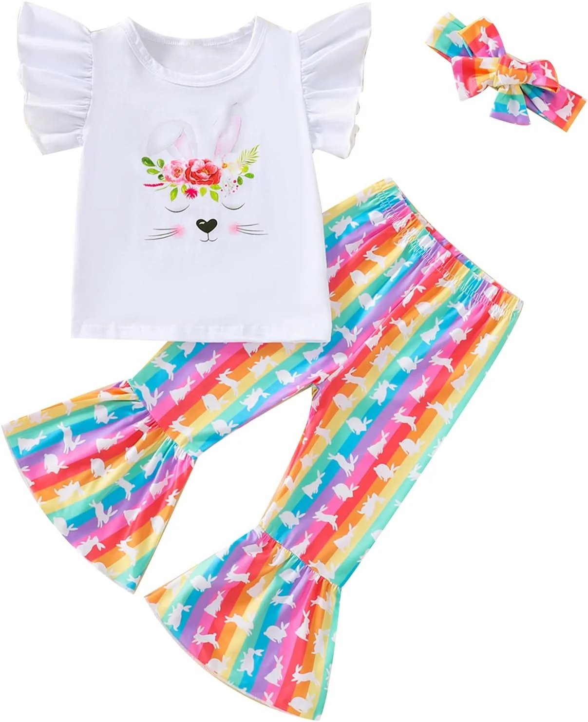 Wytyjxccyy ست لباس عید پاک دخترانه نوزاد، بلوز آستین پروانه‌ای خرگوشی، شلوار دم پا گشاد و هدبند، لباس تابستانی، خرگوش رنگین کمانی سفید، 3-4 سال