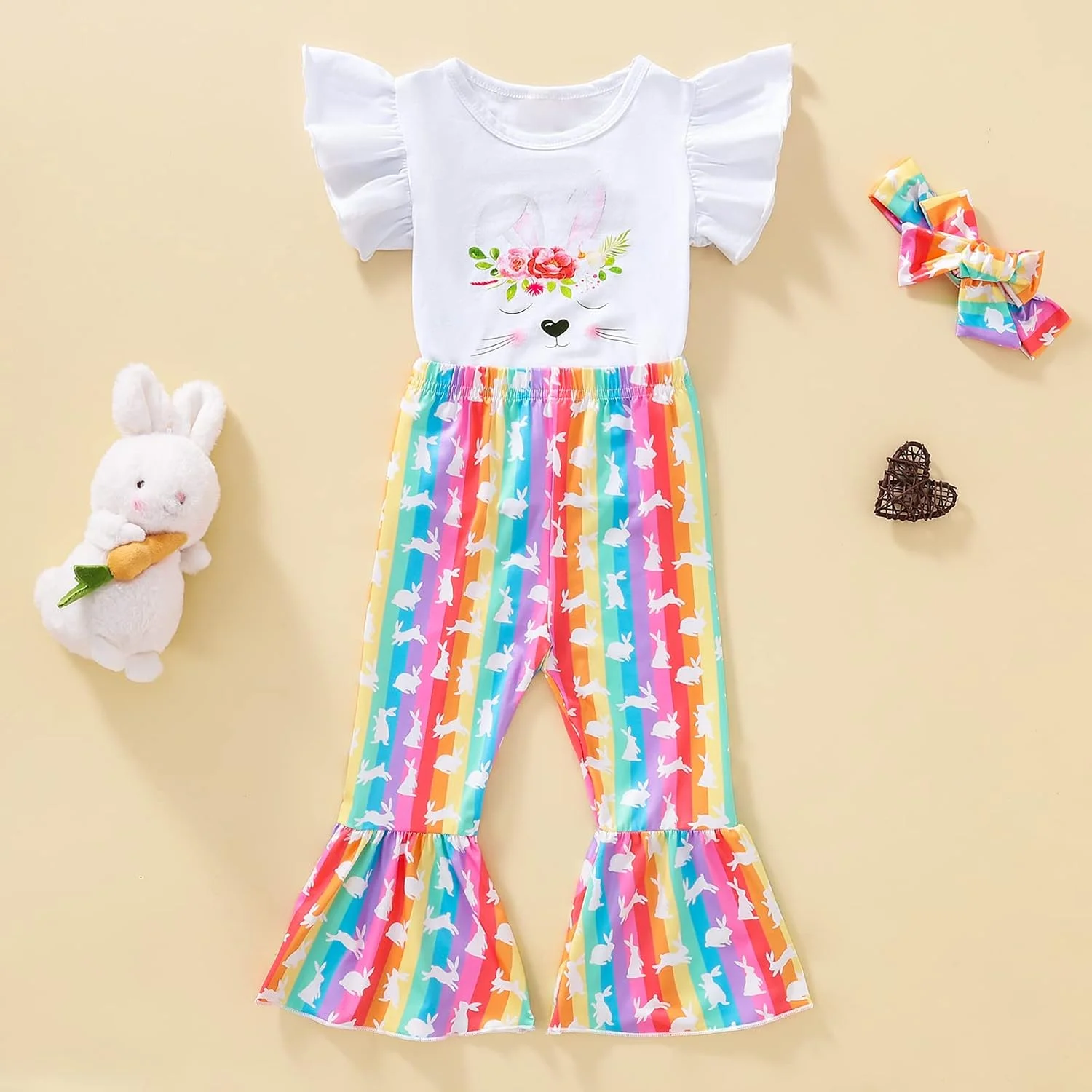 Wytyjxccyy ست لباس عید پاک دخترانه نوزاد، بلوز آستین پروانه‌ای خرگوشی، شلوار دم پا گشاد و هدبند، لباس تابستانی، خرگوش رنگین کمانی سفید، 3-4 سال