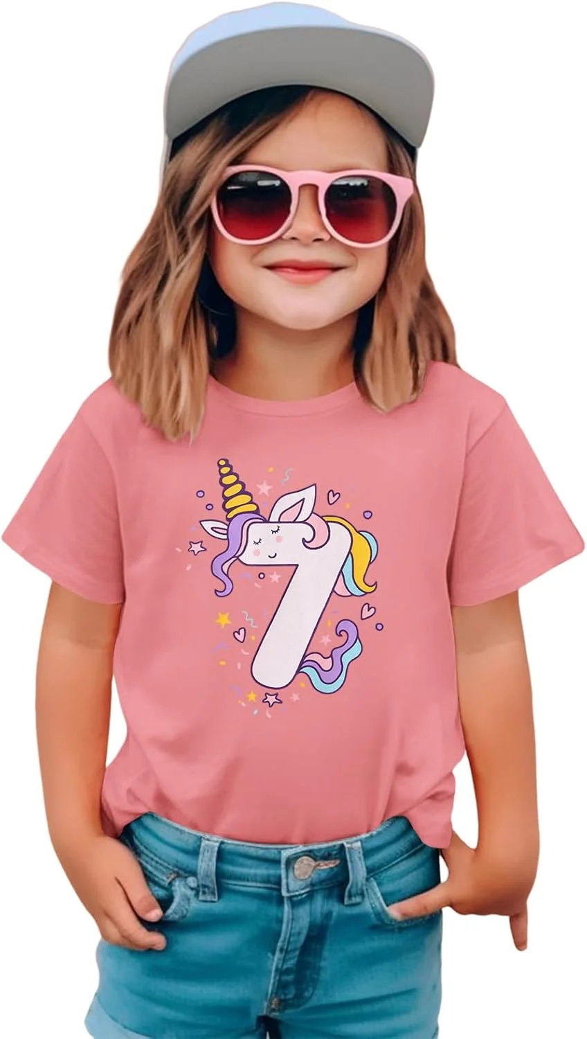 تی شرت تولد تک شاخ برای دختران 2-7 سال، تی شرت چاپی تک شاخ زیبا، بلوز آستین کوتاه تابستانی، یقه گرد پنبه ای، تی شرت مهمانی تولد کودکان