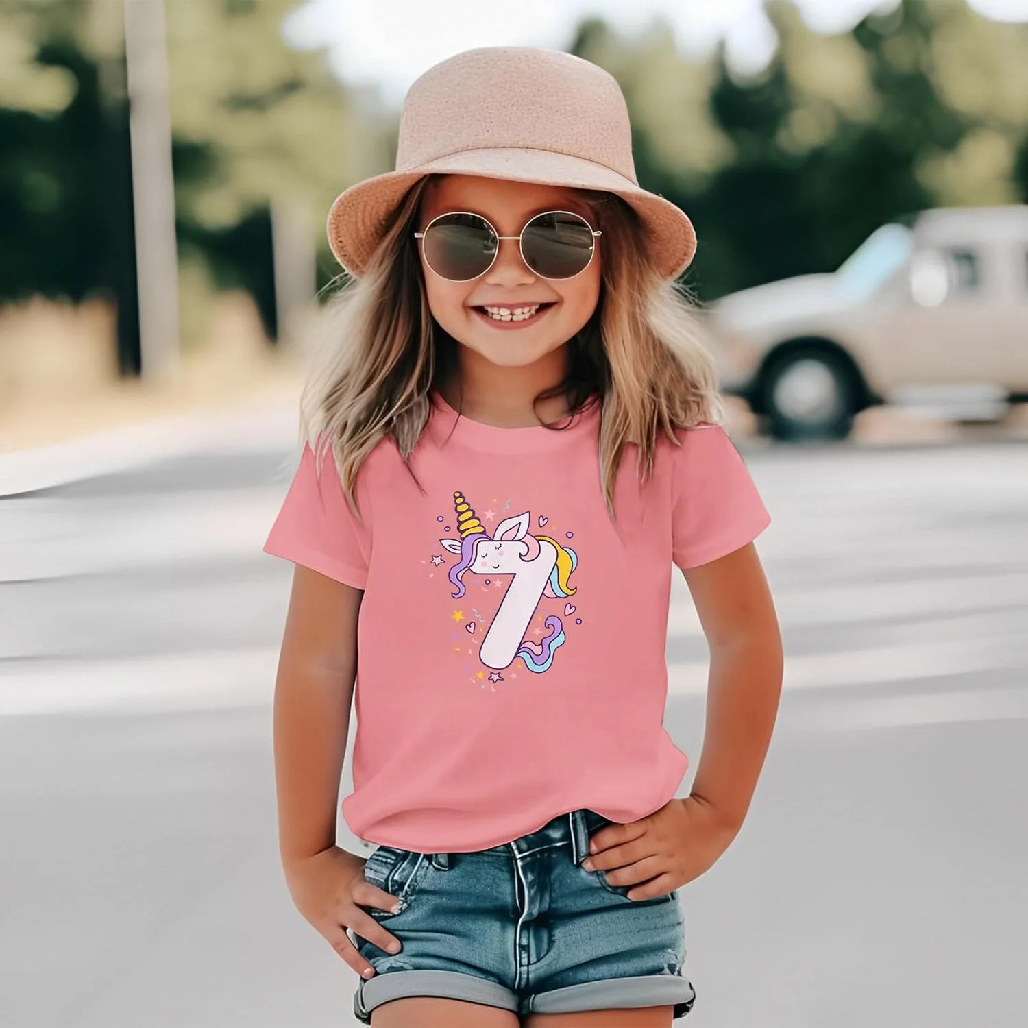 تی شرت تولد تک شاخ برای دختران 2-7 سال، تی شرت چاپی تک شاخ زیبا، بلوز آستین کوتاه تابستانی، یقه گرد پنبه ای، تی شرت مهمانی تولد کودکان