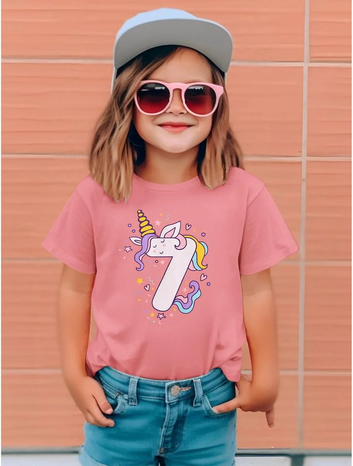 تی شرت تولد تک شاخ برای دختران 2-7 سال، تی شرت چاپی تک شاخ زیبا، بلوز آستین کوتاه تابستانی، یقه گرد پنبه ای، تی شرت مهمانی تولد کودکان