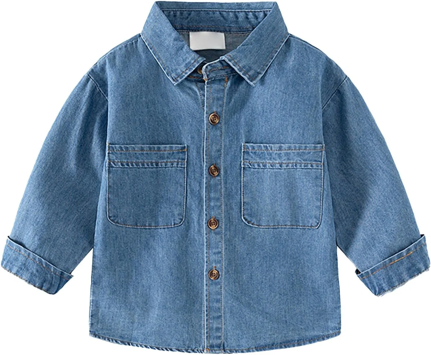 پیراهن جین آستین بلند دخترانه پسرانه، بلوز تک رنگ یقه دار دکمه دار، ژاکت بهاره پاییزه کودک نوپا