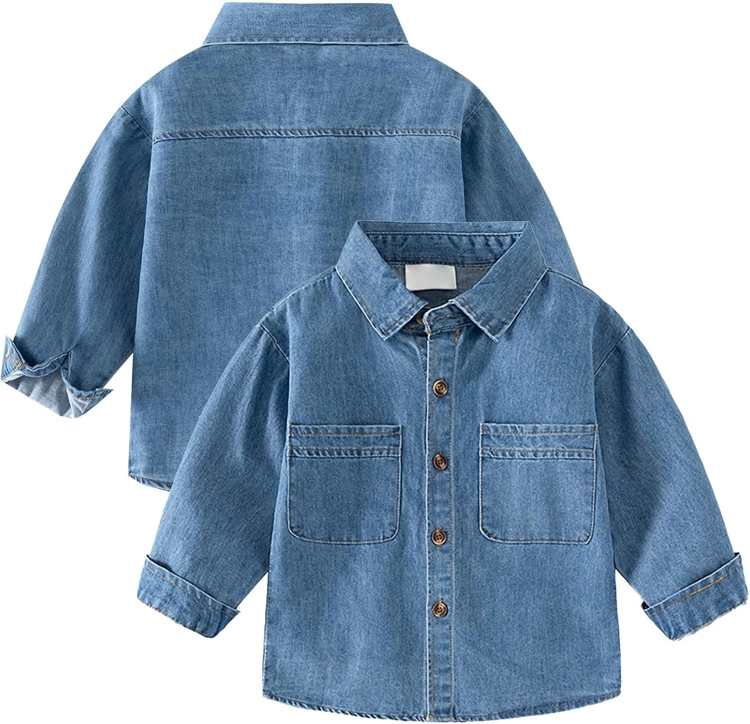 پیراهن جین آستین بلند دخترانه پسرانه، بلوز تک رنگ یقه دار دکمه دار، ژاکت بهاره پاییزه کودک نوپا
