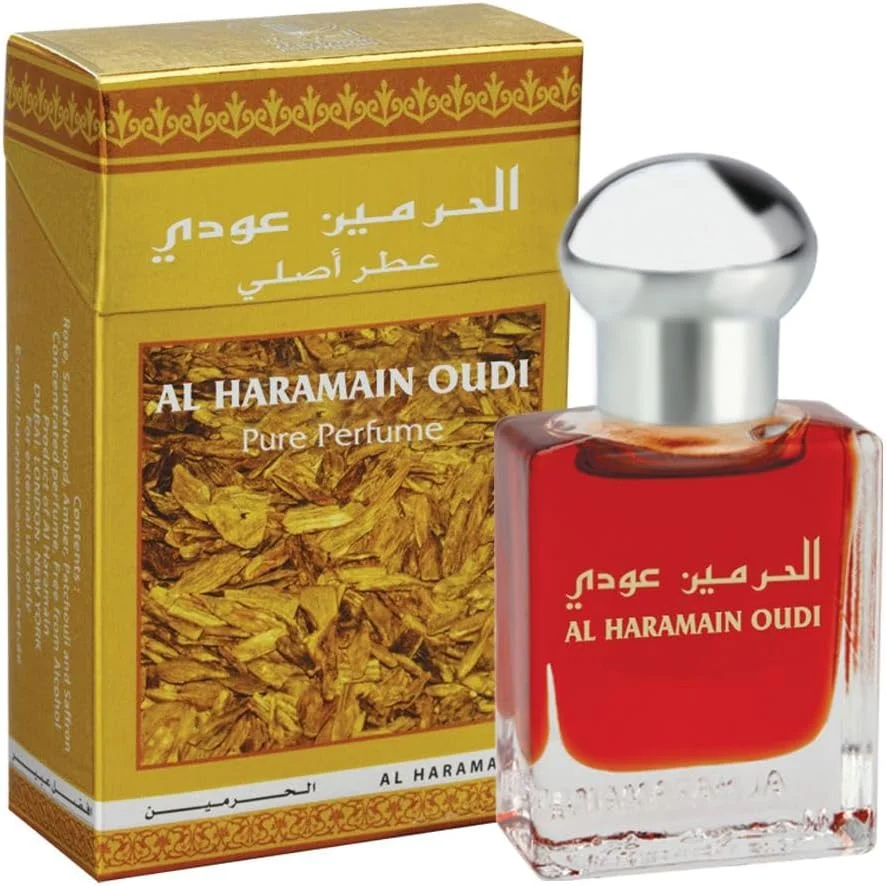روغن عطر خالص 15 میلی لیتری حرمين عودی - رایحه شرقی ماندگار و بدون الکل برای آقایان و بانوان | روغن عطر عربی غلیظ با عود، عنبر و چوب صندل