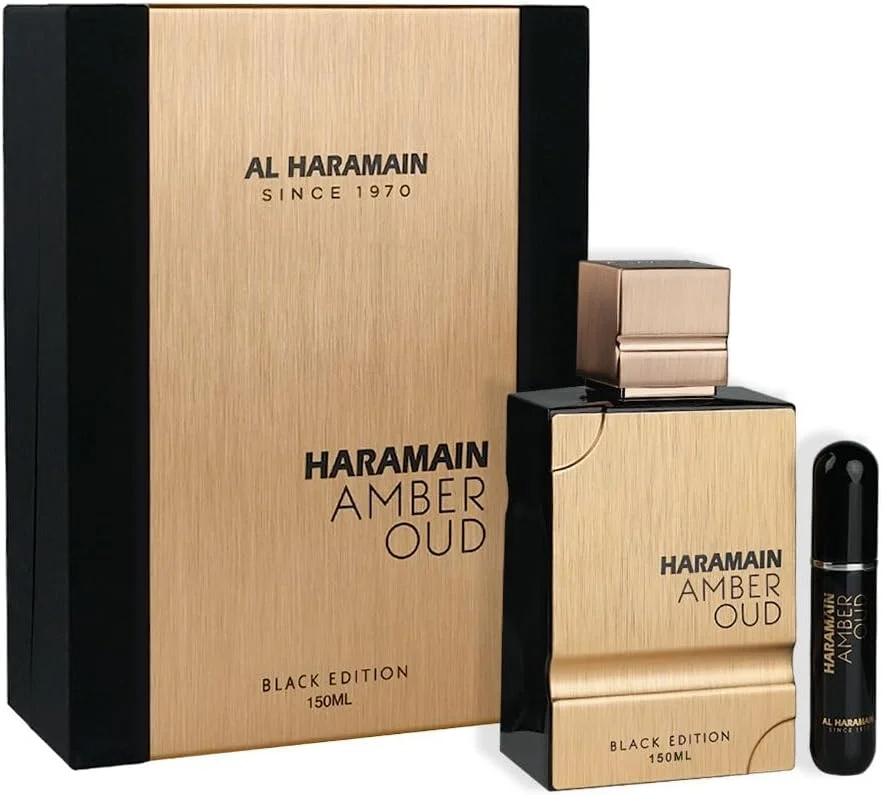 ادو پرفیوم مردانه/زنانه حرمین Amber Oud Black Edition - اسپری عطر 150 میلی لیتری | رایحه ماندگار یونیسکس با چرم، عنبر و عود | رایحه چوبی شرقی برای مردان و زنان