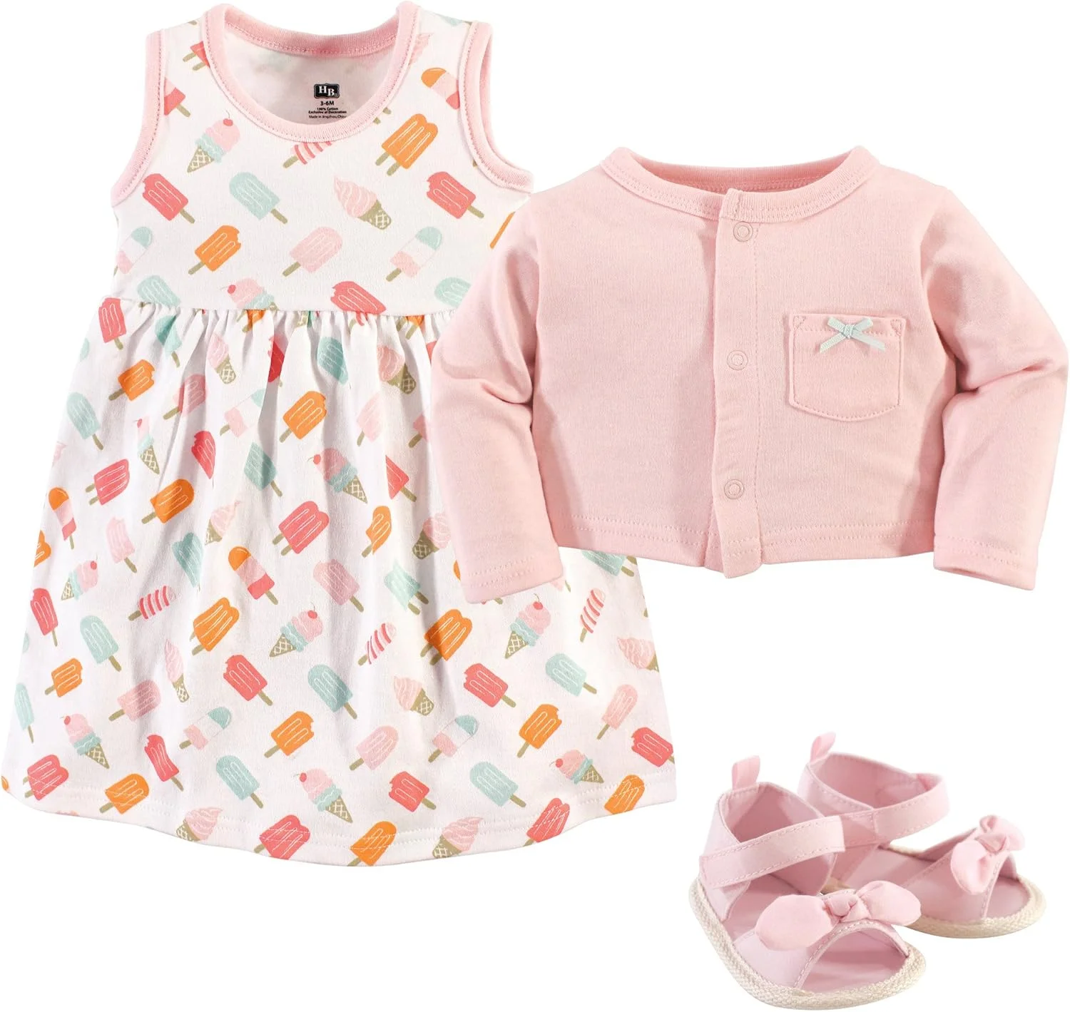 ست لباس دخترانه نوزادی هادسون بیبی شامل پیراهن نخی، ژاکت کشباف و کفش
