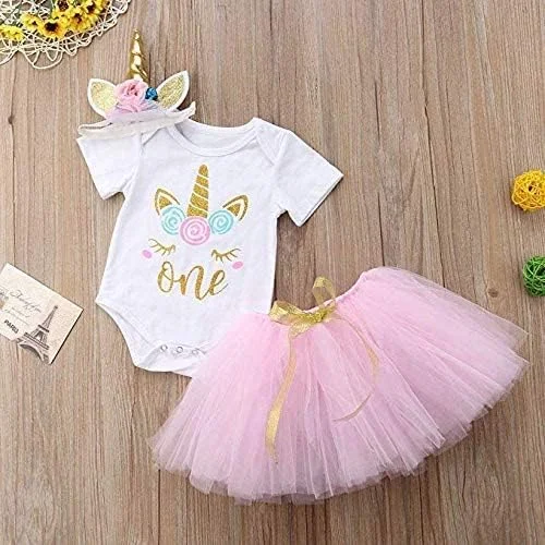 ست لباس تولد دخترانه هولومال: رامپر آستین کوتاه تک شاخ + دامن توری + هدبند 3 تکه (0-12 ماه) (صورتی) سایز One Size