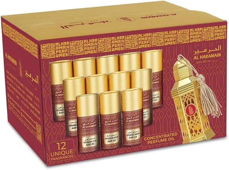مجموعه روغن عطر کنسانتره الحرمین - 12 رایحه ماندگار، 12 میلی لیتر هر کدام | عودی، مشک، عنبر، فلورا، وردی، بحر، مخلط، شمس، لیل، سلسبیل، کوثر و نرولی سفید | ست هدیه روغن عطر بدون جنسیت