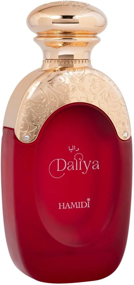 عطر زنانه حمیدی دالیا قرمز ادو پرفیوم 100 میلی لیتر، عطر زنانه، ماندگاری طولانی، عطر لوکس عربی با رایحه ترنج، رز، وانیل و کشمیر