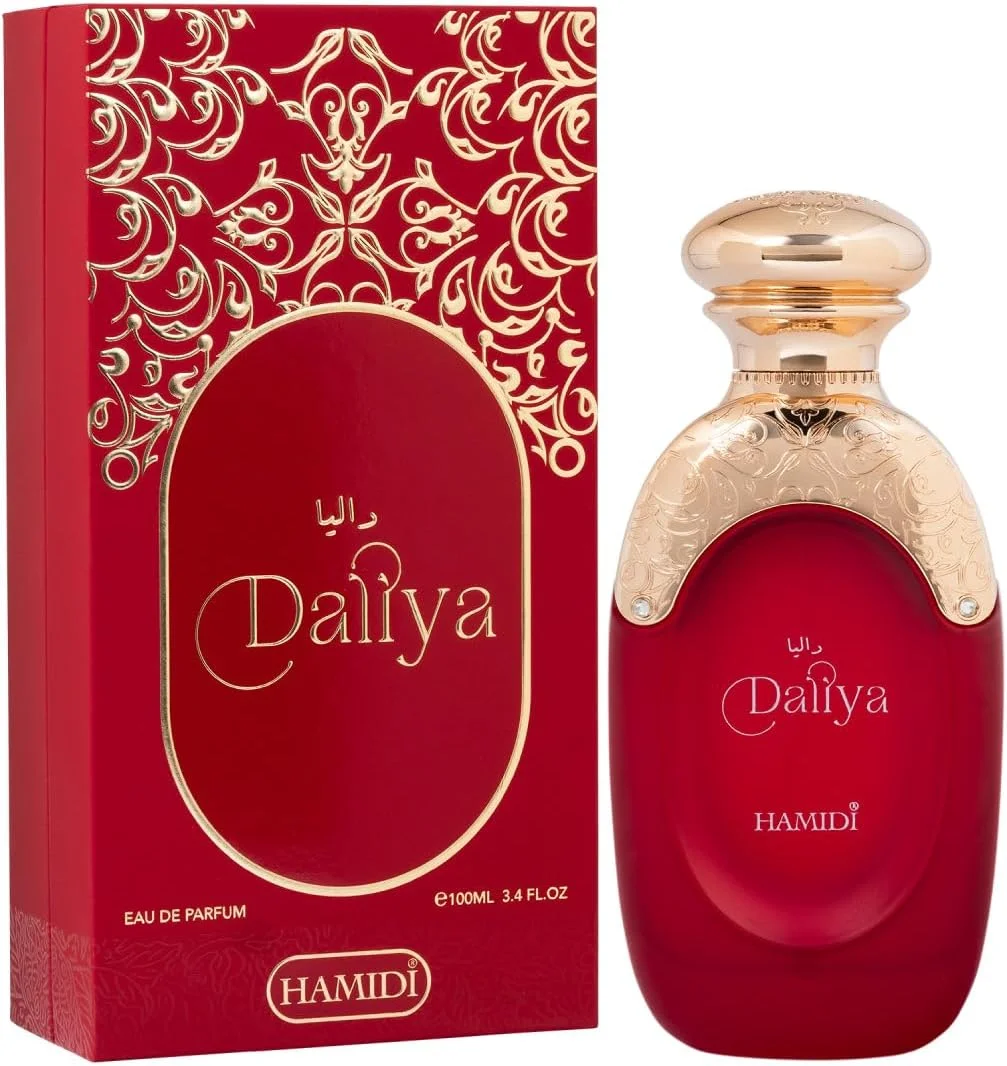 عطر زنانه حمیدی دالیا قرمز ادو پرفیوم 100 میلی لیتر، عطر زنانه، ماندگاری طولانی، عطر لوکس عربی با رایحه ترنج، رز، وانیل و کشمیر