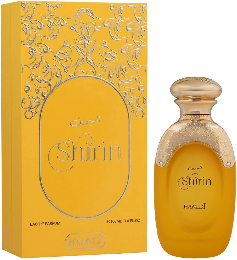 ادو پرفیوم زنانه حمیدی شیرین گلد 100 میلی لیتر، عطر زنانه، ماندگاری طولانی، رایحه معطر گلی عربی با اسطوخودوس، زنجبیل، کاکائو و وانیل