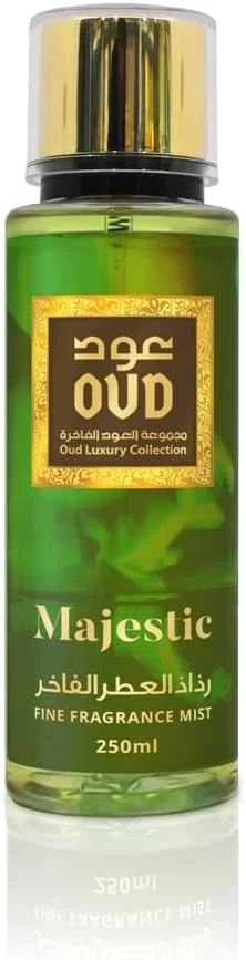 بادی میست مجلل عود لاکچری کالکشن مدل Majestic با رایحه عالی 250 میلی لیتر - رایحه ماندگار، جوهره لوکس دبی - نت های چوبی، گلی و شیرین - ایده آل برای استفاده روزانه به عنوان اسپری بدن یا اسپری مو