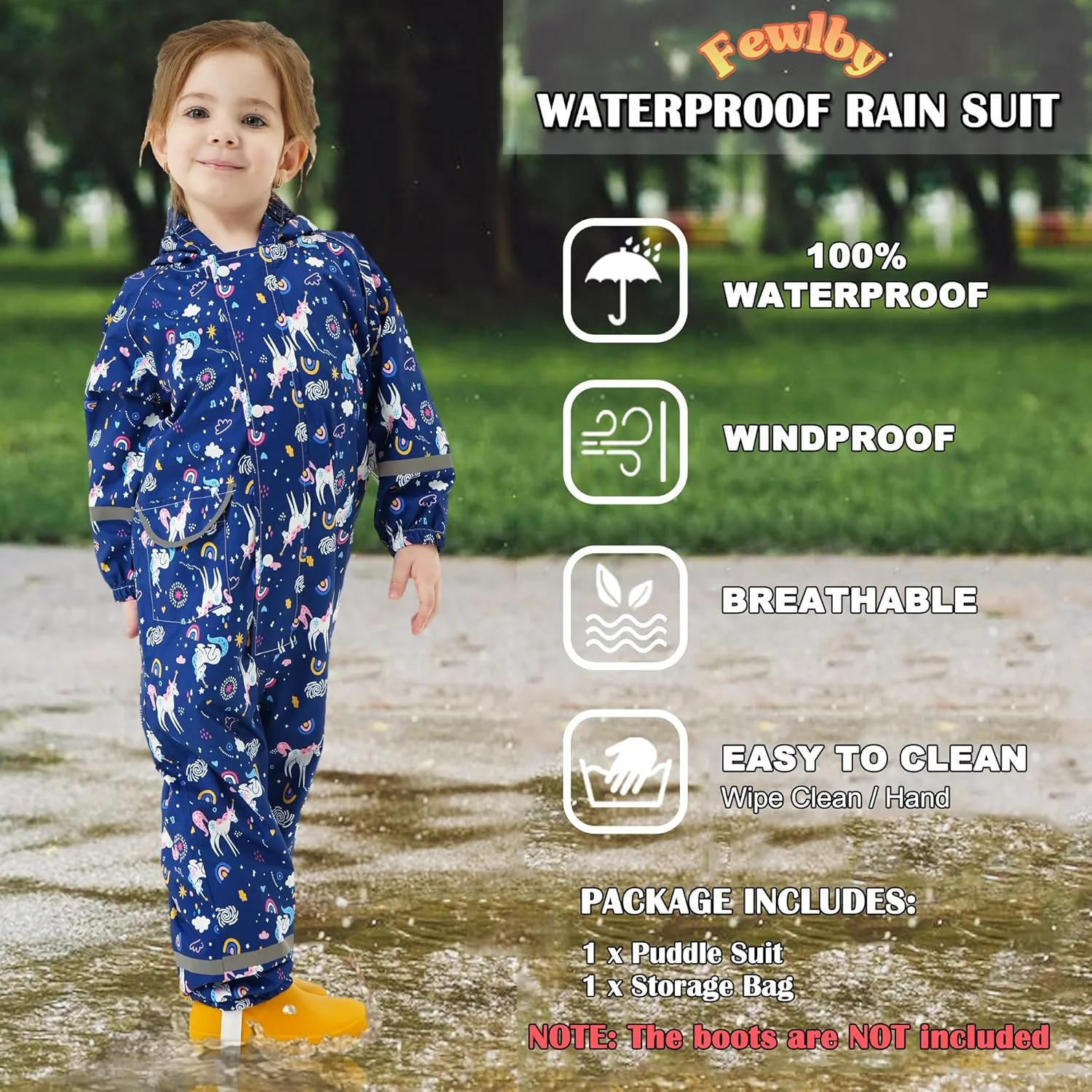 لباس بارانی یک تکه کلاه دار کارتونی Fewlby مناسب کودکان دخترانه، ضد آب