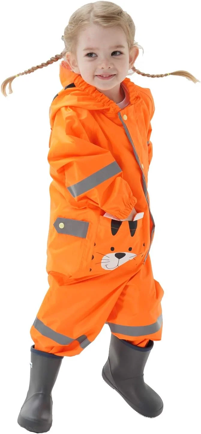 بارانی جین‌بی، لباس بارانی پسرانه و دخترانه، کلاه دار، مناسب گودال، سبک وزن، یک تکه، ضد آب، پانچو، لباس بارانی قابل حمل، تنفس پذیر، زیپ PVC، مناسب پیاده روی، مسافرت، طرح ببر، جغد، میمون، 2 تا 8 سال