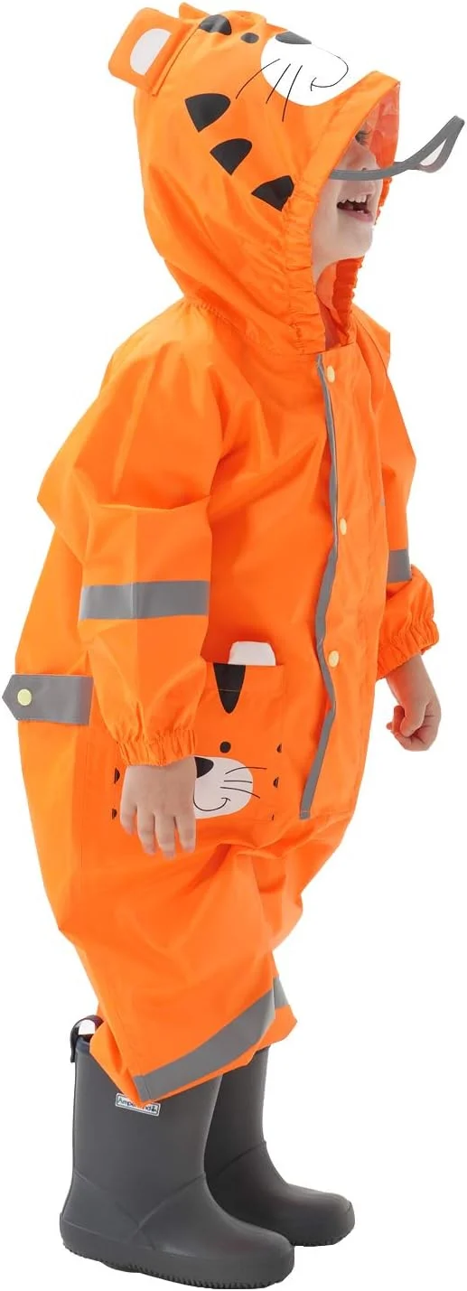 بارانی جین‌بی، لباس بارانی پسرانه و دخترانه، کلاه دار، مناسب گودال، سبک وزن، یک تکه، ضد آب، پانچو، لباس بارانی قابل حمل، تنفس پذیر، زیپ PVC، مناسب پیاده روی، مسافرت، طرح ببر، جغد، میمون، 2 تا 8 سال