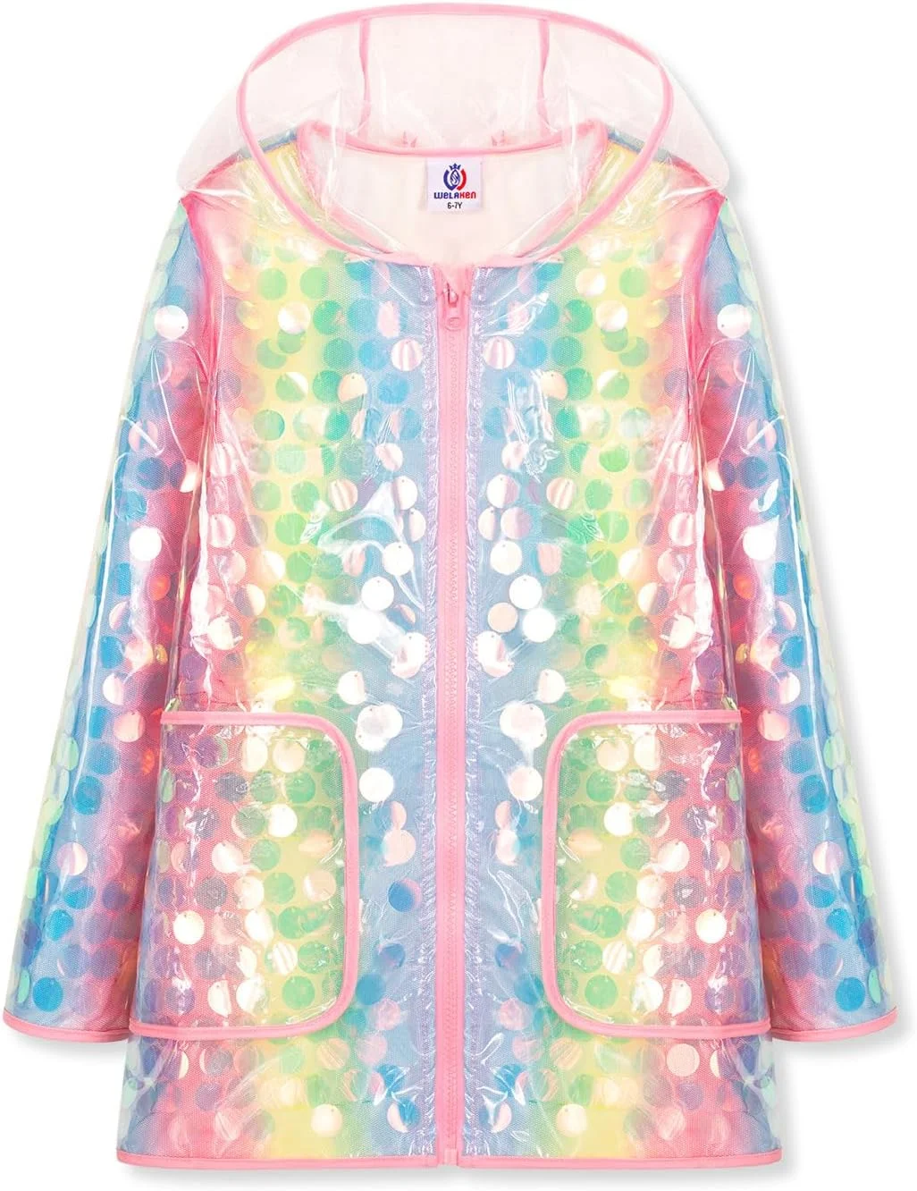 بارانی پولکی دخترانه WELAKEN ضد آب، قابل استفاده مجدد، کلاه دار و آستر دار