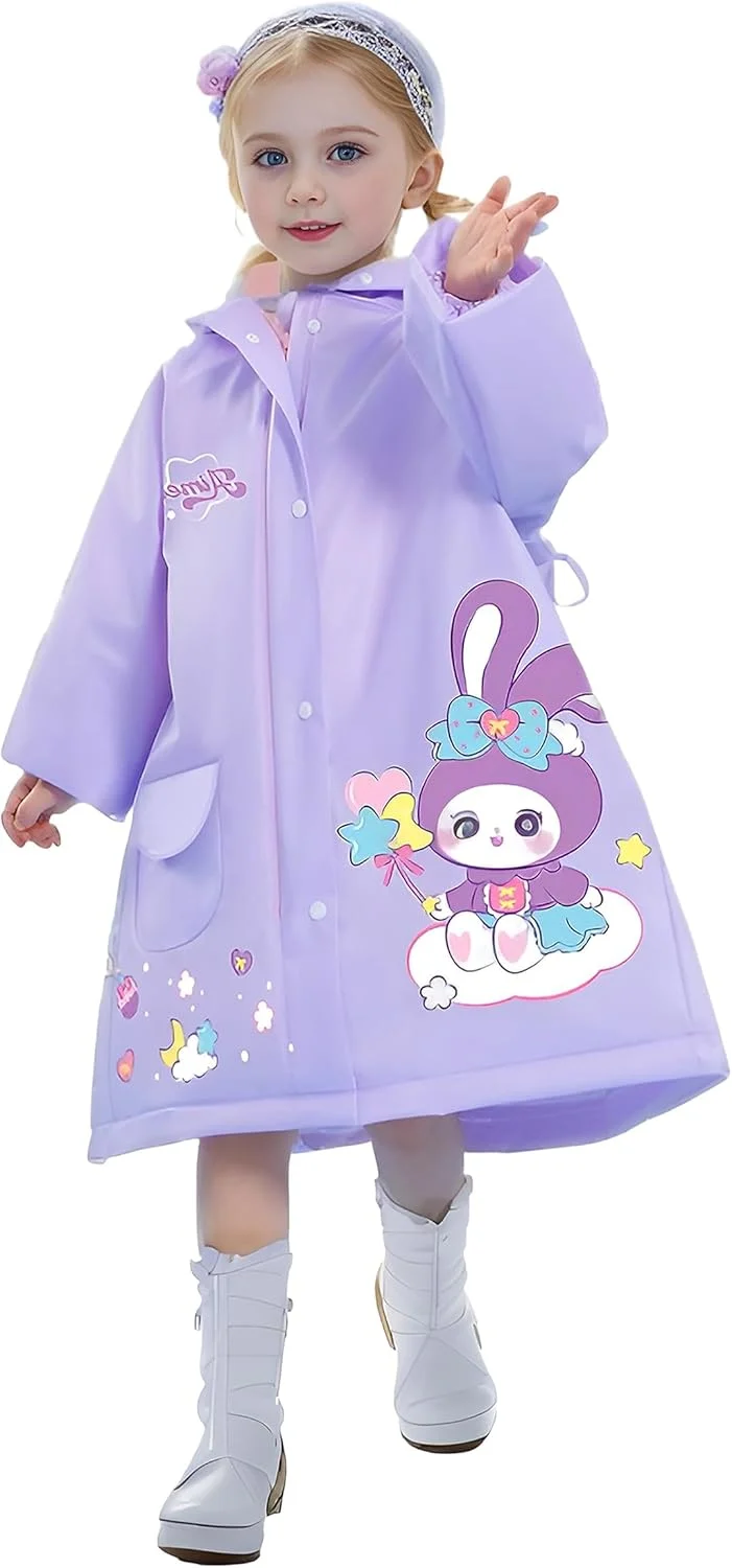 پانچو ضد آب بچگانه، بارانی قابل حمل برای پسران و دختران با کلاه قابل استفاده مجدد، سایز L بنفش برای سنین 4-6 سال