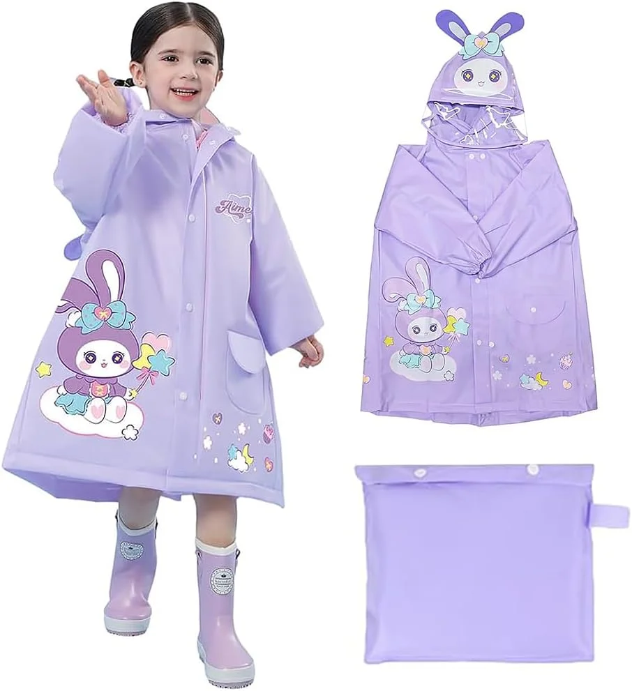 بارانی کلاهدار SNOWIE SOFT® برای کودکان، بارانی لبه پهن برای کودکان 4 تا 8 سال، بارانی دانشجویی EVA برای دختران با روکش کیف مدرسه، طرح خرگوش استارلینگ، قد پیشنهادی 80-125 سانتی متر