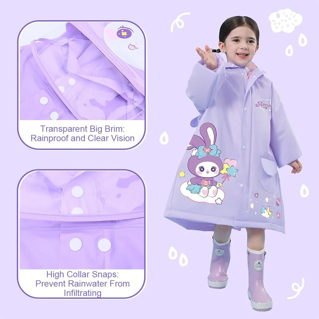 بارانی کلاهدار SNOWIE SOFT® برای کودکان، بارانی لبه پهن برای کودکان 4 تا 8 سال، بارانی دانشجویی EVA برای دختران با روکش کیف مدرسه، طرح خرگوش استارلینگ، قد پیشنهادی 80-125 سانتی متر