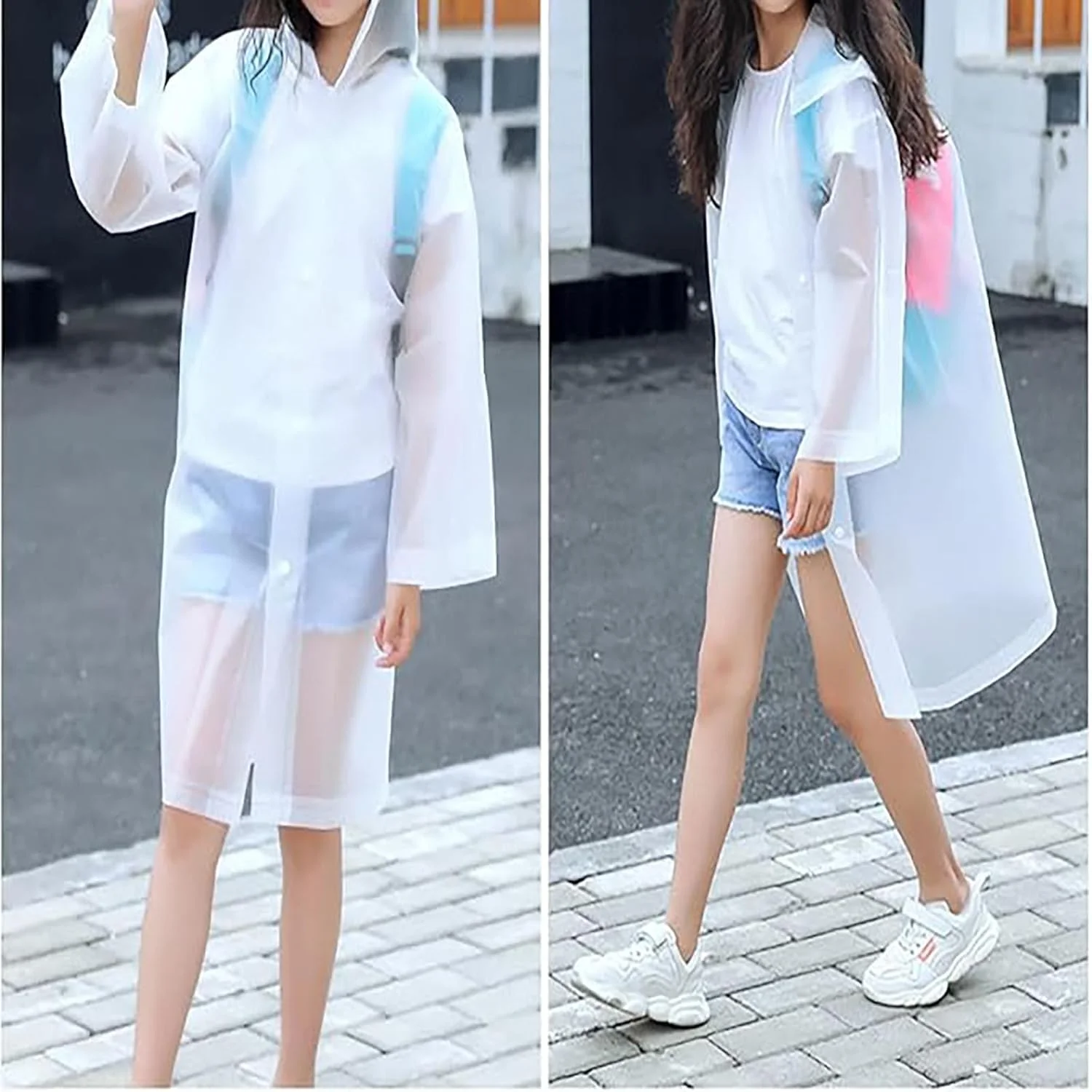 2 عدد پانچو بارانی بزرگسال، پانچو بارانی EVA برای زنان و مردان، ژاکت بارانی قابل استفاده مجدد، بارانی قابل بسته بندی برای ماهیگیری/مسافرت/شرایط اضطراری خانوادگی/بدون PVC با کلاه و آستین کشسان (سفید)