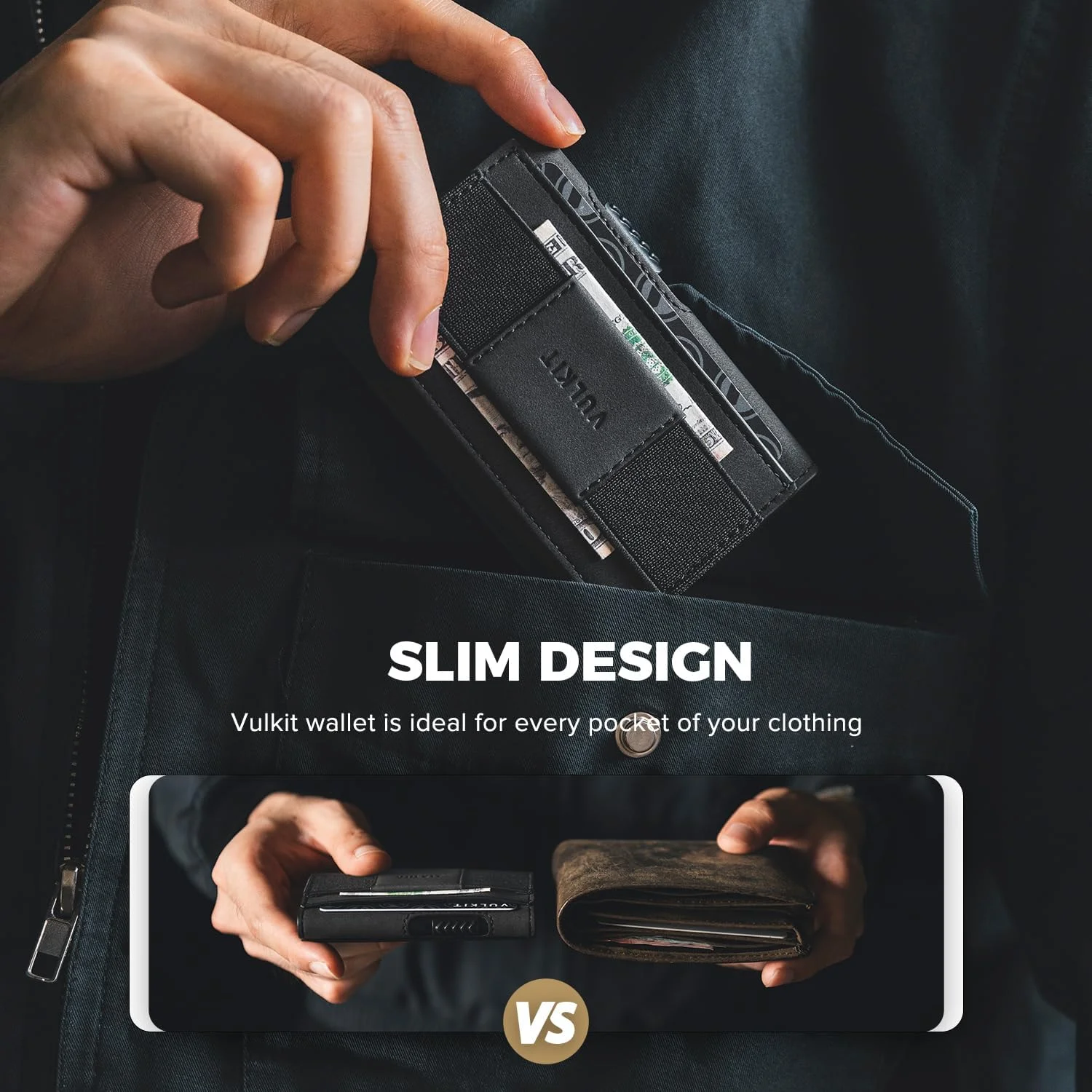 کیف پول باریک VULKIT مدل VC310، مشکی، مینیمالیستی