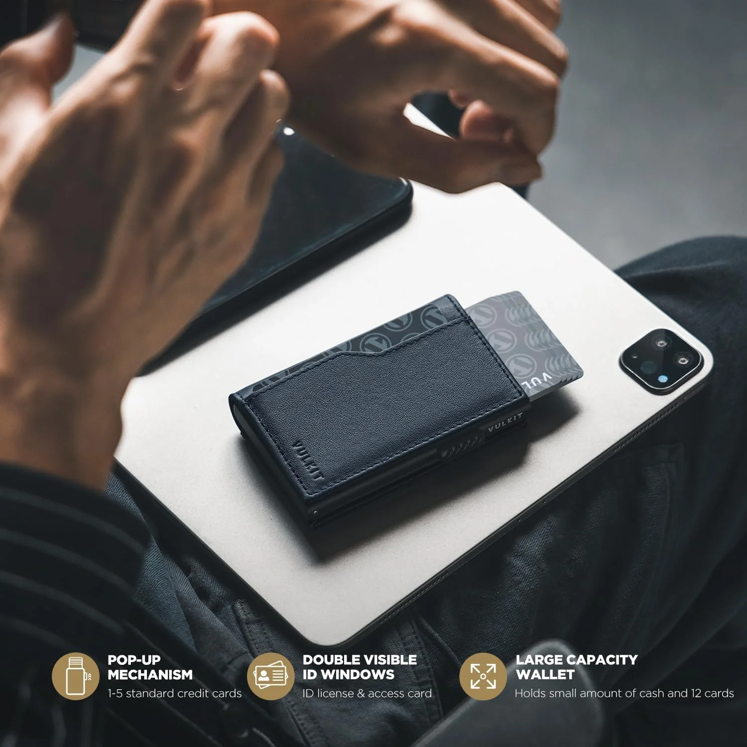 کیف پول کارت VULKIT با دو پنجره شناسایی، مسدود کننده RFID، طراحی مینیمالیستی برای 12 کارت، چرم گاوی درجه یک - سرمه ای، مینیمالیستی کیف پول کارت VULKIT با دو پنجره شناسایی، مسدود کننده RFID، طراحی مینیمالیستی برای 12 کارت، چرم گاوی درجه یک - سرمه ای، مینیمالیستی